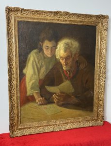 Double Portrait Of Grandfather & Grand Daughter Reading By A L Simpson. Circa - Early 20th Century Dated 1903 Medium - Oil On Canvas Title - The Letter Outstanding True To Life Double Portrait Of A Grandfather Sitting Reading A Letter With His Loving Grand Daughter Standing Next To Him With Her Arm Around His Shoulder. Exceptionally Execution In Oil With Detailed Facial Features, Hands And Clothing. Wonderful Use Of Light And Shadow With The Light Striking From The Left Side Showing Shadows To The Right. Composition In Warm Earth Tones With Rich Accents Of Red. Signed By Artist A L Simpson And Set In Ornate a Gilt-wood Frame. Dimensions In Inches Height 34.5” Width 29” Depth 1 3/4”