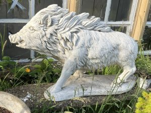Classical Horned Prowling Wild Boar Garden Showpiece Composition - Reconstituted Stone Listing Description Fine Classical Wild Prowling Boar Statue, Boars Head Angle To The Right Side. Fierce Elongated Snout With Open Mouth & Large Protruding Teeth. Thick Main Runs From Ears Down The Back With Shaggy Coated Body And Detailed Trotters. Interesting Showpiece For Country Garden, A Great Conversation Piece. Heavy Item 70kg Approx Dimensions In Cm Height 52cm x Width 83cm x Depth 25cm For Further Information Please Call Our Curator On 07707 488566