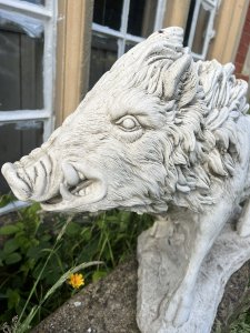 Classical Horned Prowling Wild Boar Garden Showpiece Composition - Reconstituted Stone Listing Description Fine Classical Wild Prowling Boar Statue, Boars Head Angle To The Right Side. Fierce Elongated Snout With Open Mouth & Large Protruding Teeth. Thick Main Runs From Ears Down The Back With Shaggy Coated Body And Detailed Trotters. Interesting Showpiece For Country Garden, A Great Conversation Piece. Heavy Item 70kg Approx Dimensions In Cm Height 52cm x Width 83cm x Depth 25cm For Further Information Please Call Our Curator On 07707 488566