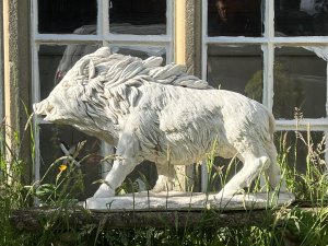 Classical Horned Prowling Wild Boar Garden Showpiece Composition - Reconstituted Stone Listing Description Fine Classical Wild Prowling Boar Statue, Boars Head Angle To The Right Side. Fierce Elongated Snout With Open Mouth & Large Protruding Teeth. Thick Main Runs From Ears Down The Back With Shaggy Coated Body And Detailed Trotters. Interesting Showpiece For Country Garden, A Great Conversation Piece. Heavy Item 70kg Approx Dimensions In Cm Height 52cm x Width 83cm x Depth 25cm For Further Information Please Call Our Curator On 07707 488566