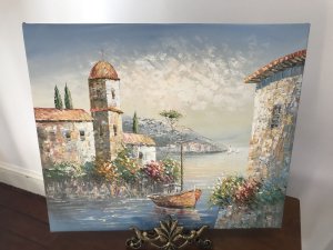Italian Landscape Oil Painting On Canvas Signed By Impressionist Sea Scape Artist Roberto Rossini From Tuscany Italy This Is A Original Artwork Oil On Canvas Housed Harbour In Southern Italy With Sail Boats Stunning Use Of Perspective In Pastel Colours Brush And Pallet Knife Exceptionally Painted With Bright Floral Sprays And Reflections On The Water In-depth Gaze Of The Harbour Roberto Was Originally A Docker He Became An Artist And Is Famously Known For Sea Scapes Dimensions In Inches Height 20” Width 24”