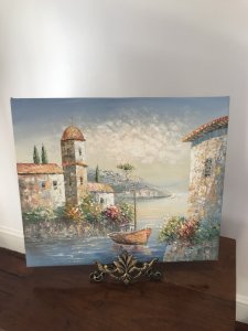 Italian Landscape Oil Painting On Canvas Signed By Impressionist Sea Scape Artist Roberto Rossini From Tuscany Italy This Is A Original Artwork Oil On Canvas Housed Harbour In Southern Italy With Sail Boats Stunning Use Of Perspective In Pastel Colours Brush And Pallet Knife Exceptionally Painted With Bright Floral Sprays And Reflections On The Water In-depth Gaze Of The Harbour Roberto Was Originally A Docker He Became An Artist And Is Famously Known For Sea Scapes Dimensions In Inches Height 20” Width 24”