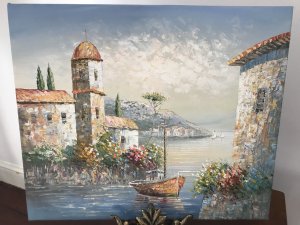 Italian Landscape Oil Painting On Canvas Signed By Impressionist Sea Scape Artist Roberto Rossini From Tuscany Italy This Is A Original Artwork Oil On Canvas Housed Harbour In Southern Italy With Sail Boats Stunning Use Of Perspective In Pastel Colours Brush And Pallet Knife Exceptionally Painted With Bright Floral Sprays And Reflections On The Water In-depth Gaze Of The Harbour Roberto Was Originally A Docker He Became An Artist And Is Famously Known For Sea Scapes Dimensions In Inches Height 20” Width 24”