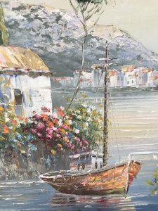 Italian Landscape Oil Painting On Canvas Signed By Impressionist Sea Scape Artist Roberto Rossini From Tuscany Italy This Is A Original Artwork Oil On Canvas Housed Harbour In Southern Italy With Sail Boats Stunning Use Of Perspective In Pastel Colours Brush And Pallet Knife Exceptionally Painted With Bright Floral Sprays And Reflections On The Water In-depth Gaze Of The Harbour Roberto Was Originally A Docker He Became An Artist And Is Famously Known For Sea Scapes Dimensions In Inches Height 20” Width 24”