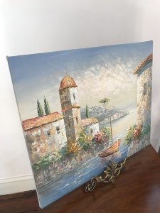 Italian Landscape Oil Painting On Canvas Signed By Impressionist Sea Scape Artist Roberto Rossini From Tuscany Italy This Is A Original Artwork Oil On Canvas Housed Harbour In Southern Italy With Sail Boats Stunning Use Of Perspective In Pastel Colours Brush And Pallet Knife Exceptionally Painted With Bright Floral Sprays And Reflections On The Water In-depth Gaze Of The Harbour Roberto Was Originally A Docker He Became An Artist And Is Famously Known For Sea Scapes Dimensions In Inches Height 20” Width 24”