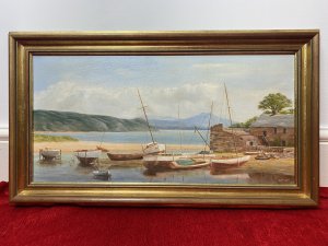 Sailing Boats In The Bay During Low Tide Oil On Canvas By James Horne Circa - Vintage Composition - Oil On Canvas Listing Description Wonderful Oil On Canvas Composition By Known Artist James Horne. This Painting Is Comprised Of Twelve Sailing/ Fishing Boats Tethered Up In Front Of Sandy Headland With Sandstone Barn Buildings. Some Boats Are Set On Stands Whilst Others Lay On The Sea Bed In A Cornish Bay During Low Tide. Wonderful Perspective With Mountainous Background, A Finely Painted Array Of Different Vessels Including Rowing Boat, Larger Fishing Vessels And Masted Sailing Boats. Clear Waters With Intricately Painted Reflections Showing In-depth Knowledge And Fine Quality Of This Artists Work. Stunning Composition, A Collectors Artwork. Set In Gilt Frame And Signed By Artist James Horne. Dimensions In Inches Height 16" Width 28 1/4" Condition - Very Good Small Tear In Canvas Due to Age Please See Images