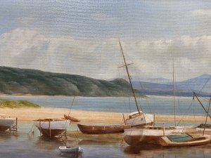 Sailing Boats In The Bay During Low Tide Oil On Canvas By James Horne Circa - Vintage Composition - Oil On Canvas Listing Description Wonderful Oil On Canvas Composition By Known Artist James Horne. This Painting Is Comprised Of Twelve Sailing/ Fishing Boats Tethered Up In Front Of Sandy Headland With Sandstone Barn Buildings. Some Boats Are Set On Stands Whilst Others Lay On The Sea Bed In A Cornish Bay During Low Tide. Wonderful Perspective With Mountainous Background, A Finely Painted Array Of Different Vessels Including Rowing Boat, Larger Fishing Vessels And Masted Sailing Boats. Clear Waters With Intricately Painted Reflections Showing In-depth Knowledge And Fine Quality Of This Artists Work. Stunning Composition, A Collectors Artwork. Set In Gilt Frame And Signed By Artist James Horne. Dimensions In Inches Height 16" Width 28 1/4" Condition - Very Good Small Tear In Canvas Due to Age Please See Images
