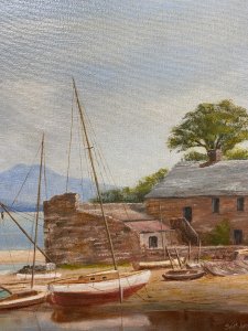 Sailing Boats In The Bay During Low Tide Oil On Canvas By James Horne Circa - Vintage Composition - Oil On Canvas Listing Description Wonderful Oil On Canvas Composition By Known Artist James Horne. This Painting Is Comprised Of Twelve Sailing/ Fishing Boats Tethered Up In Front Of Sandy Headland With Sandstone Barn Buildings. Some Boats Are Set On Stands Whilst Others Lay On The Sea Bed In A Cornish Bay During Low Tide. Wonderful Perspective With Mountainous Background, A Finely Painted Array Of Different Vessels Including Rowing Boat, Larger Fishing Vessels And Masted Sailing Boats. Clear Waters With Intricately Painted Reflections Showing In-depth Knowledge And Fine Quality Of This Artists Work. Stunning Composition, A Collectors Artwork. Set In Gilt Frame And Signed By Artist James Horne. Dimensions In Inches Height 16" Width 28 1/4" Condition - Very Good Small Tear In Canvas Due to Age Please See Images