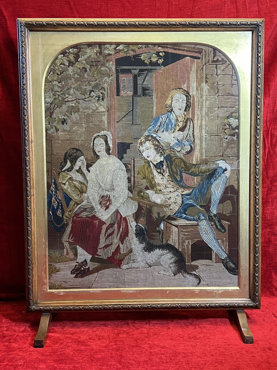 Primary image for Period Oak Firescreen With Georgian Family Portrait Silkwork Tapestry Sampler
