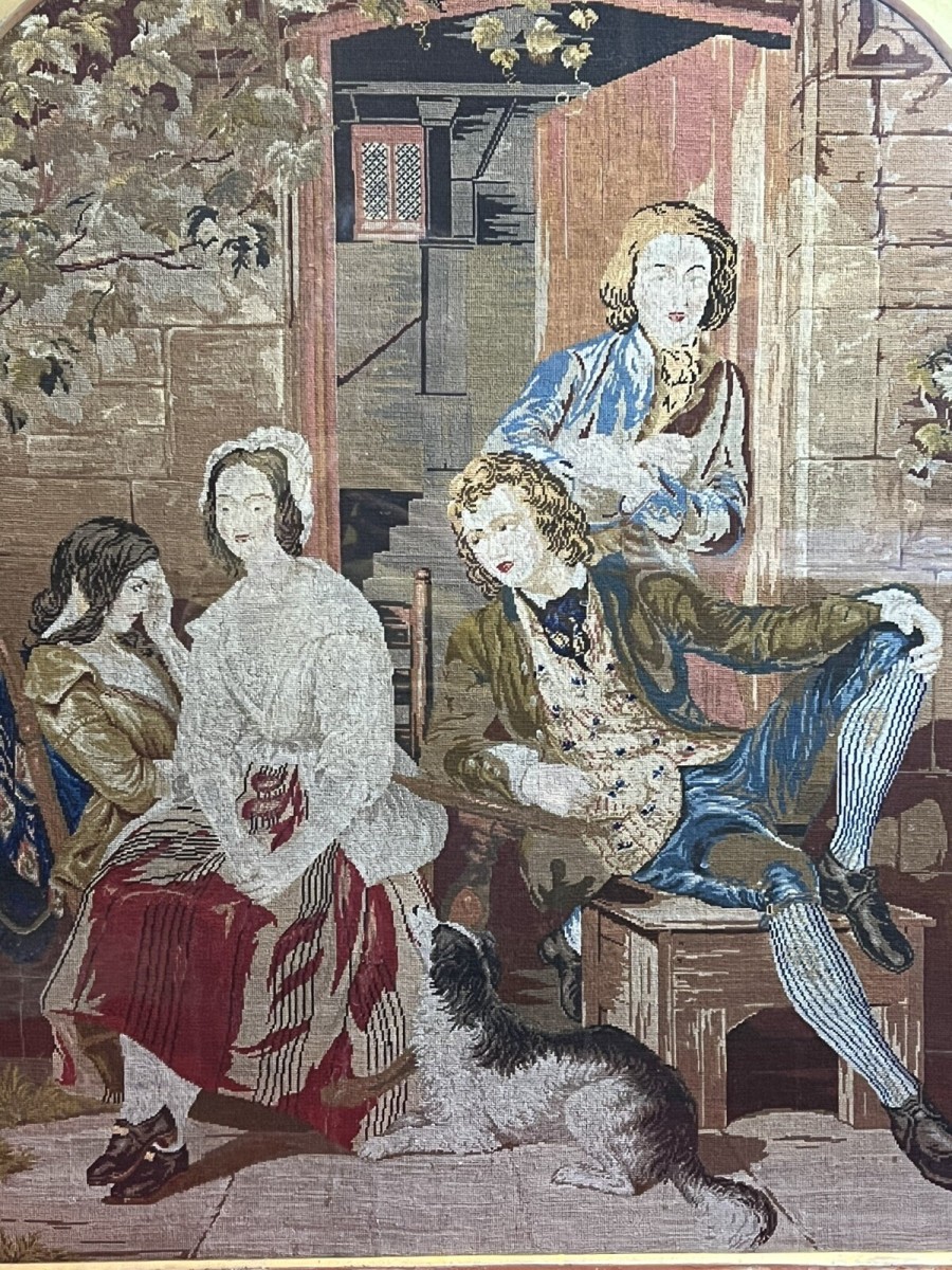 Period Oak Firescreen With Georgian Family Portrait Silkwork Tapestry Sampler