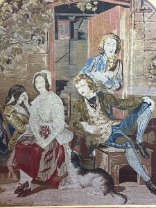 Period Oak Firescreen With Georgian Family Portrait Silkwork Tapestry Sampler Circa - 1830 Composition - Oak Frame/ Silk Work Needle Point Tapestry Listing Description Elegant Egg And Dart Carved Oak Framed Rectangular Fire Screen With Glazed Central Viewing Window With Silk Work Needle Point Tapestry. Tapestry Showcasing Georgian Family Portrait Scene Outside The Doorway Of Their Home With Four Figures Two Female & Two Male. Left Female (In Gold Gown) Sits With Hand Resting Against Her Head, Her Mother Sits Next To Her With Sheep Dog Waiting, A Young Male Leans Back Into His Chair Gazing At The Female Whilst Male Behind Him Stares Toward The Viewer. Lovely Details With Stonework And Ornate Country Oak Door With View Of Interior Through The Doorway. Stands Upon Slender Feet. Beautiful Quality Artwork For Room Display Or Use As Fire Cover When Not In Use. Dimensions In Inches Height 34" X Width 26.5" X Depth 9 3/4" (at base)