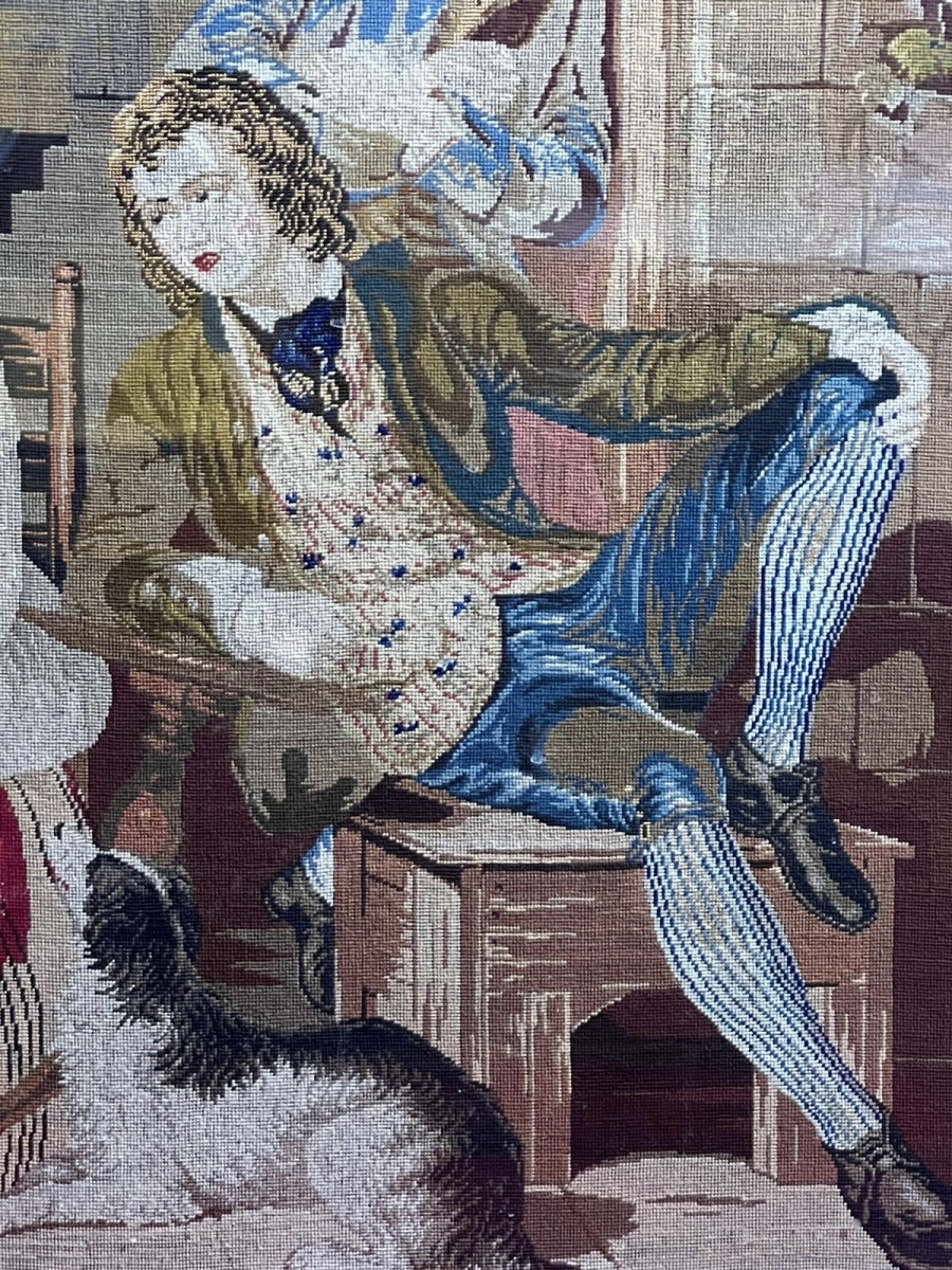 Period Oak Firescreen With Georgian Family Portrait Silkwork Tapestry Sampler