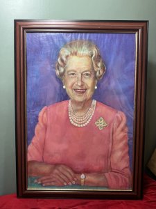 Contemporary Art Portrait Of HRH Queen Elizabeth II Circa - 1970 Composition - Oil On Canvas Listing Description Stunning Vibrant Portrait Of Our Longest Reigning British Monarch Queen Elizabeth II. The Portrait Portrays Queen Elizabeth II In Her Later Years. Elizabeth Sits Looking Directly From The Portrait. Cleverly Her Eyes Gaze At You From Wherever You Look. Beautiful Composition With Facial Features In Fabulous Detail. The Queen Smiles Radiently Wearing Her Iconic Four String Pearl Necklace And Matched Earrings. Elizabeth Wears A Coral Coloured Dress With Diamond And Sapphire Brooch, Her Iconic Patek Philippe Calatrava 4706/II Watch On Her Wrist. Unsigned But Painted With Exceptional Skill. Set Behind glass In Solid Wood Frame. Wonderfully Large Painting A True conversation Piece For Lover Of British History And Monarchs. Dimensions in Cms Height 120cm X Width 98cm For Further Information Please Call 07707 488566 Thank-you.