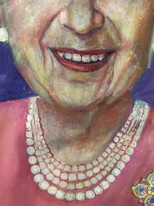 Contemporary Art Portrait Of HRH Queen Elizabeth II Circa - 1970 Composition - Oil On Canvas Listing Description Stunning Vibrant Portrait Of Our Longest Reigning British Monarch Queen Elizabeth II. The Portrait Portrays Queen Elizabeth II In Her Later Years. Elizabeth Sits Looking Directly From The Portrait. Cleverly Her Eyes Gaze At You From Wherever You Look. Beautiful Composition With Facial Features In Fabulous Detail. The Queen Smiles Radiently Wearing Her Iconic Four String Pearl Necklace And Matched Earrings. Elizabeth Wears A Coral Coloured Dress With Diamond And Sapphire Brooch, Her Iconic Patek Philippe Calatrava 4706/II Watch On Her Wrist. Unsigned But Painted With Exceptional Skill. Set Behind glass In Solid Wood Frame. Wonderfully Large Painting A True conversation Piece For Lover Of British History And Monarchs. Dimensions in Cms Height 120cm X Width 98cm For Further Information Please Call 07707 488566 Thank-you.