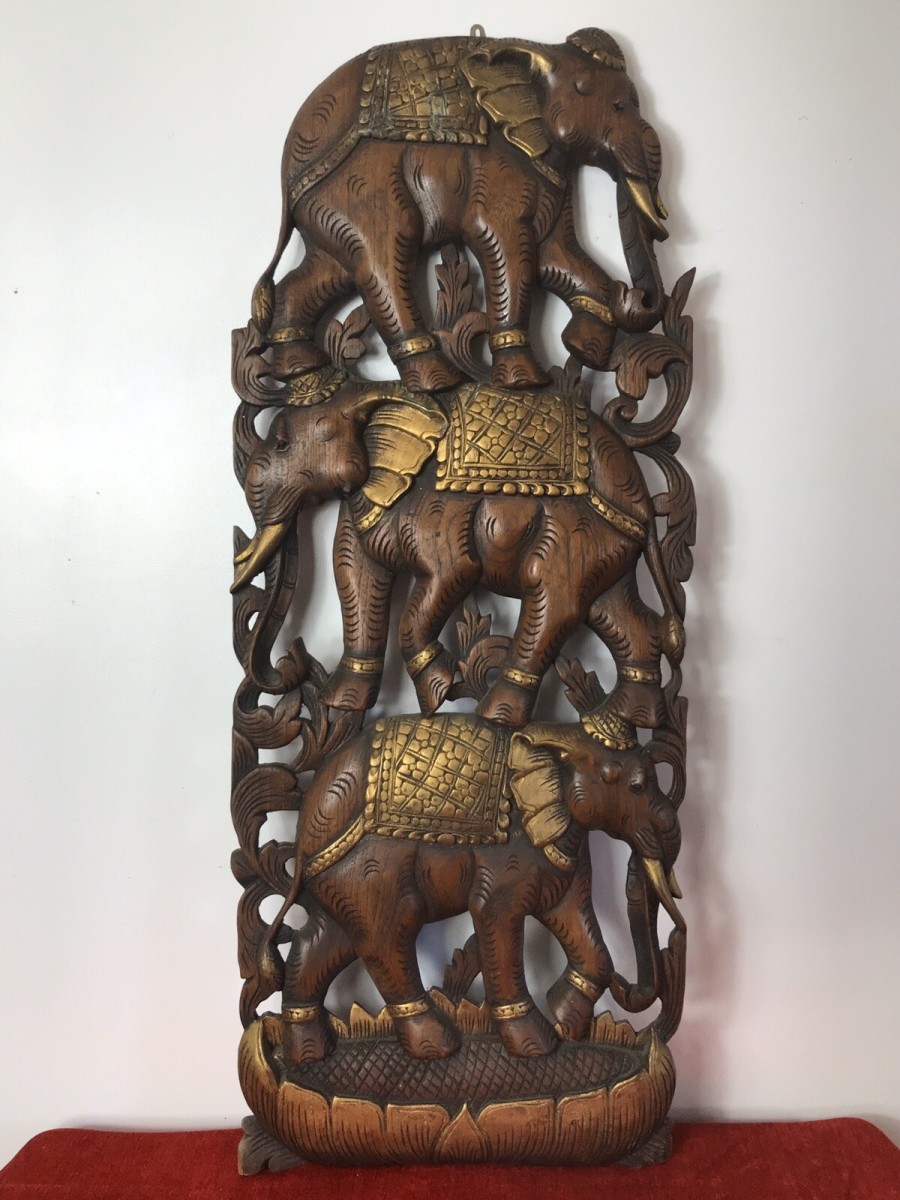 Primary image for Large Hand Carved Plaque Of Balancing Trio Of Elephants In Hardwood & Gilt Work