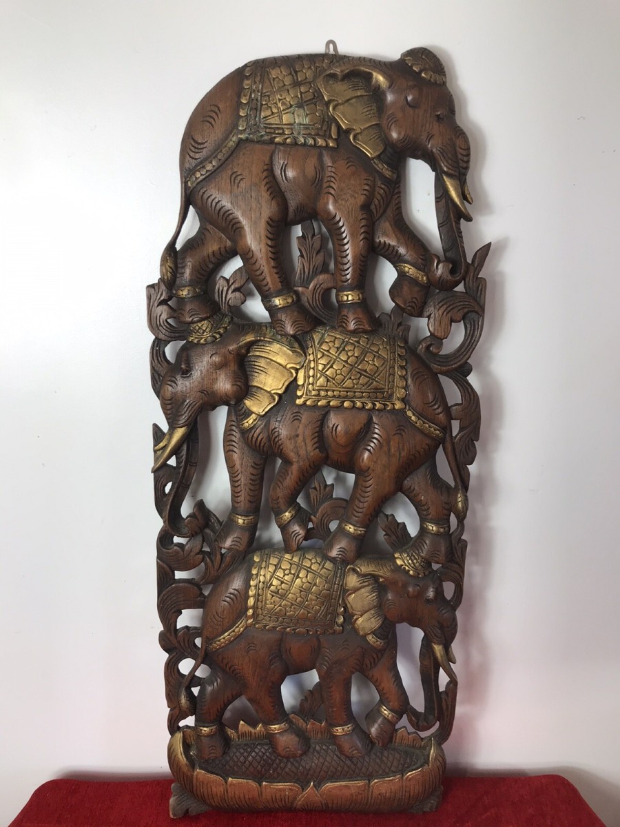 Large Hand Carved Plaque Of Balancing Trio Of Elephants In Hardwood & Gilt Work