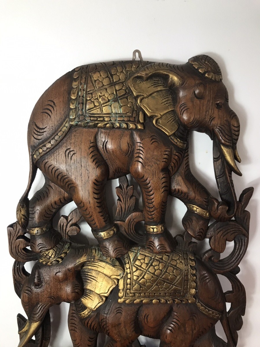 Large Hand Carved Plaque Of Balancing Trio Of Elephants In Hardwood & Gilt Work