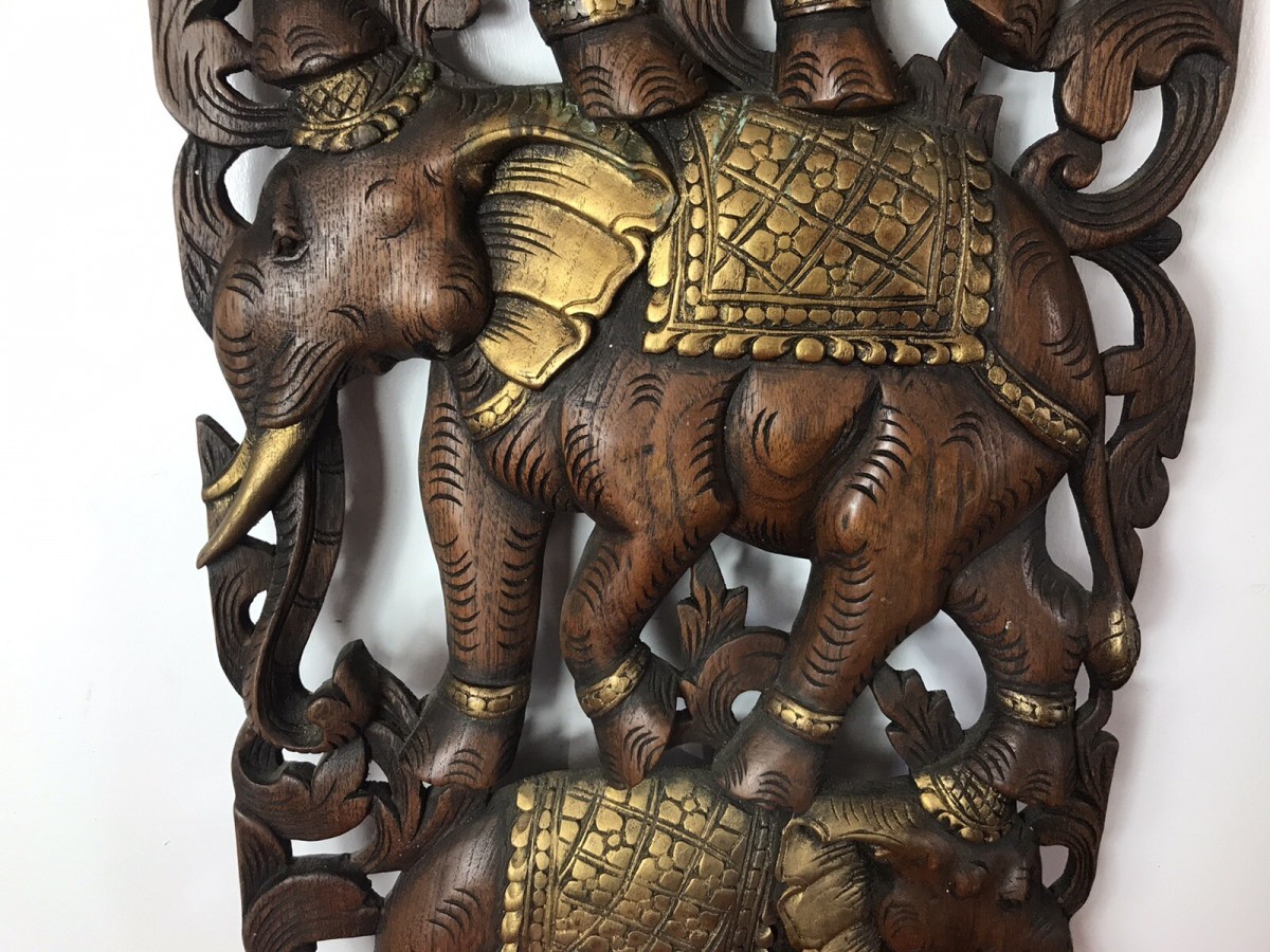Large Hand Carved Plaque Of Balancing Trio Of Elephants In Hardwood & Gilt Work