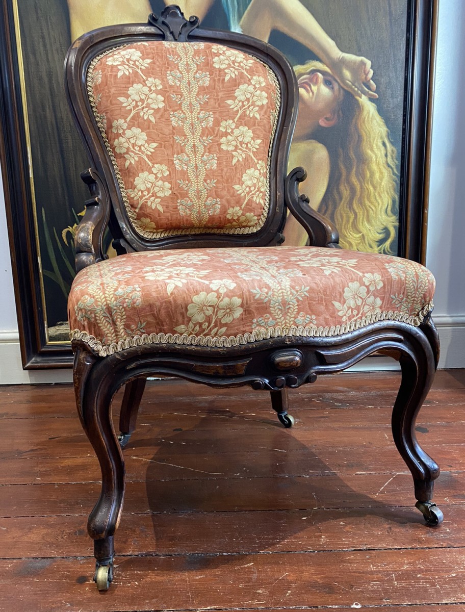 Ladies French Empire Sewing Chair With Elegant Floral Upholstery