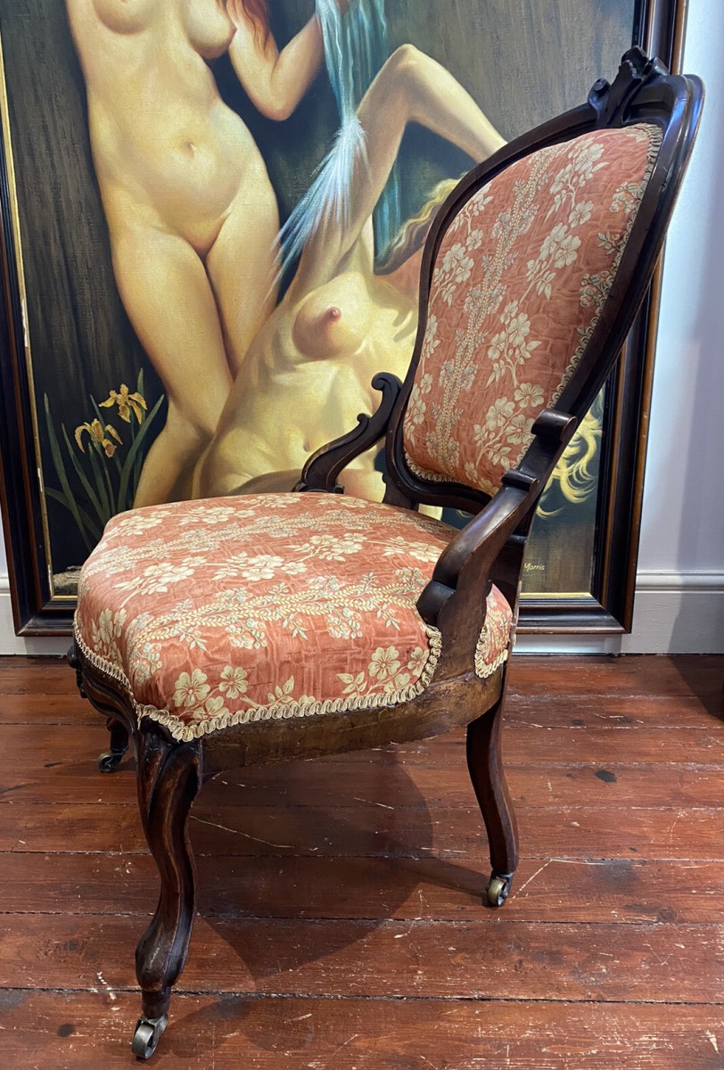 Ladies French Empire Sewing Chair With Elegant Floral Upholstery