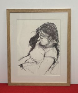 Figurative Charcoal Sketch Of Young Lady In Deep Thought By Michael Jenkins. Beautiful Hand Drawn Still Life Portrait In Charcoal Of A Young Lady Gazing To The Floor In Deep Thought. Stunning Movement And Shadows. Set In A Boarded In A Pine Frame. Signed By Artist (Right Corner) Dimensions In Inches Height 20.5” Width 16.5”