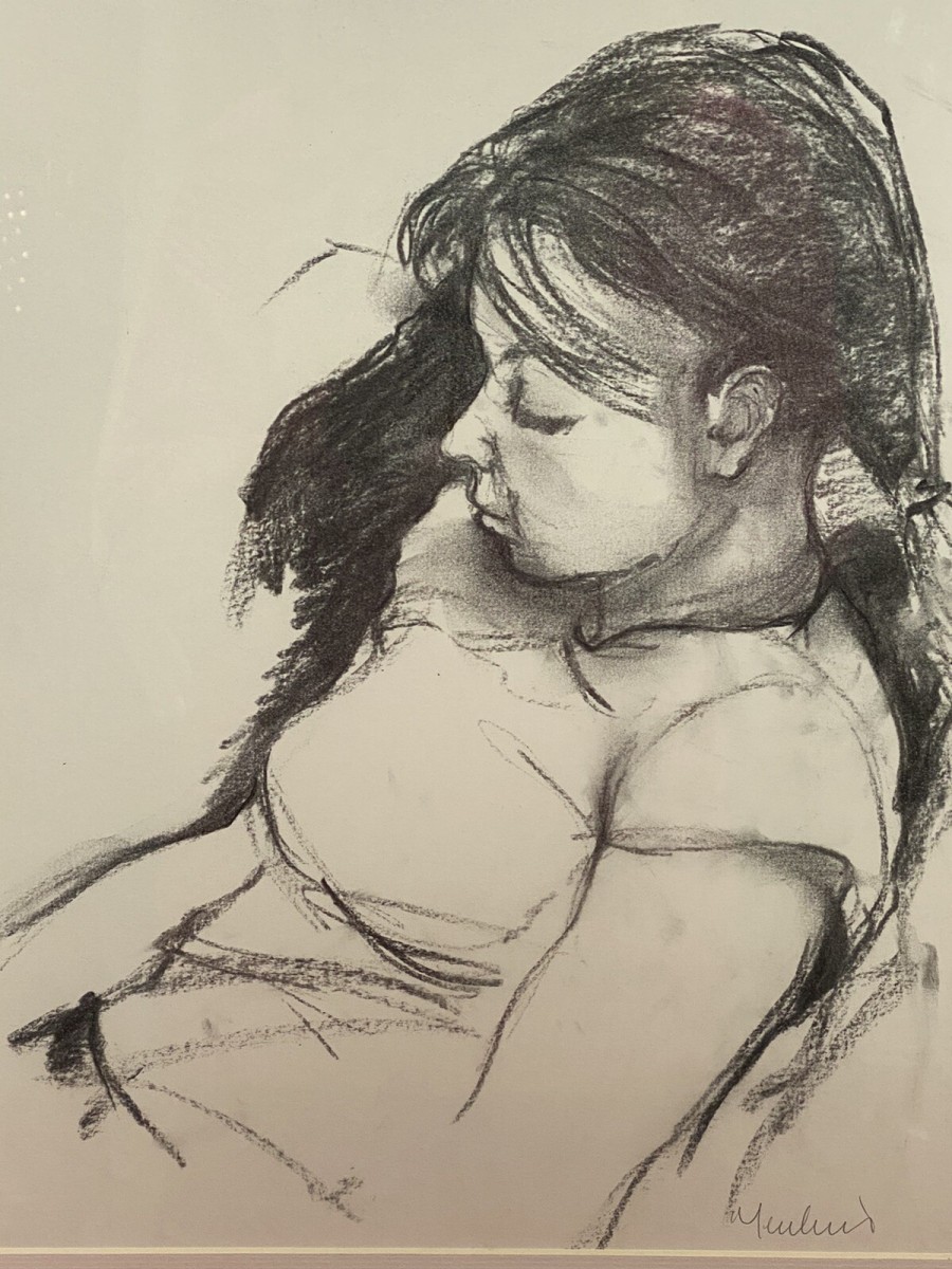 Figurative Charcoal Sketch Of Young Lady In Deep Thought By Michael Jenkins