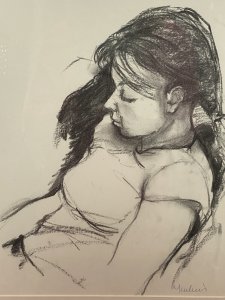 Figurative Charcoal Sketch Of Young Lady In Deep Thought By Michael Jenkins. Beautiful Hand Drawn Still Life Portrait In Charcoal Of A Young Lady Gazing To The Floor In Deep Thought. Stunning Movement And Shadows. Set In A Boarded In A Pine Frame. Signed By Artist (Right Corner) Dimensions In Inches Height 20.5” Width 16.5”