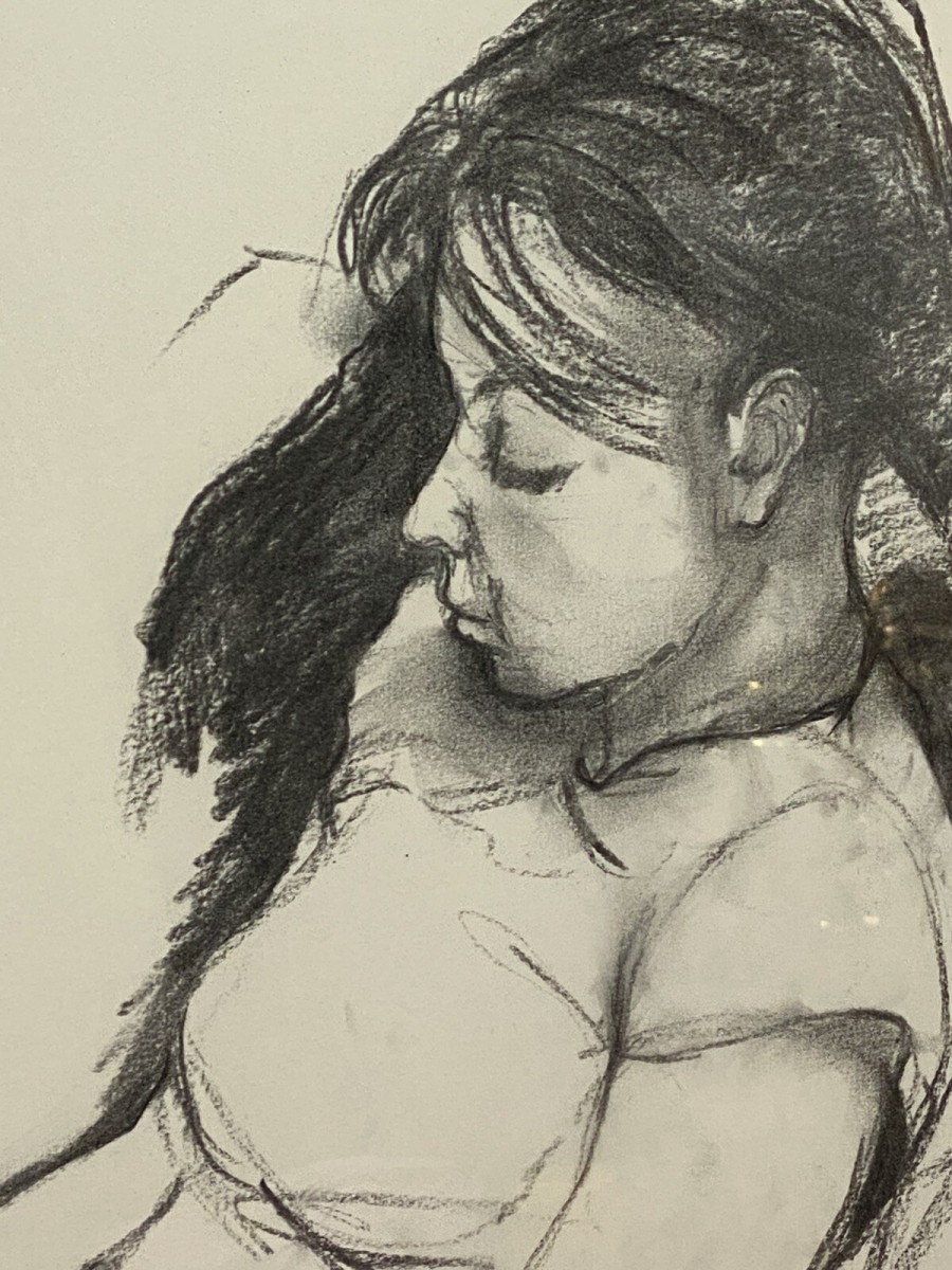 Figurative Charcoal Sketch Of Young Lady In Deep Thought By Michael Jenkins