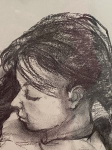Figurative Charcoal Sketch Of Young Lady In Deep Thought By Michael Jenkins. Beautiful Hand Drawn Still Life Portrait In Charcoal Of A Young Lady Gazing To The Floor In Deep Thought. Stunning Movement And Shadows. Set In A Boarded In A Pine Frame. Signed By Artist (Right Corner) Dimensions In Inches Height 20.5” Width 16.5”