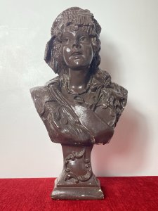 Large French Art Deco Classical Bohemian Gypsy Woman Chalk-ware Bust Circa - 1930's Composition - Overpainted Chalkware Art Deco Detailed Bust Of Bohemian Gypsy Woman With Elaborate Headdress Embellished With Coins And Tassels. Long Platted Hair With Large Bow, Oversized Segmented Necklace With Pendant And Tambourine Inside Her Jacket Pocket. Facial Feature In Fabulous Detail With Large Eyes And Beaming Smile. Standing On Tapered Classical Plinth With Scroll Decoration. Condition - Antique Used Overall Lovely. Signs Of Wear Smalls Scuffs To Paintwork Due To Age. Dimensions In Inches Height 19.5" Width 10" Depth 7" Base 4 1/2" X 4 1/4"