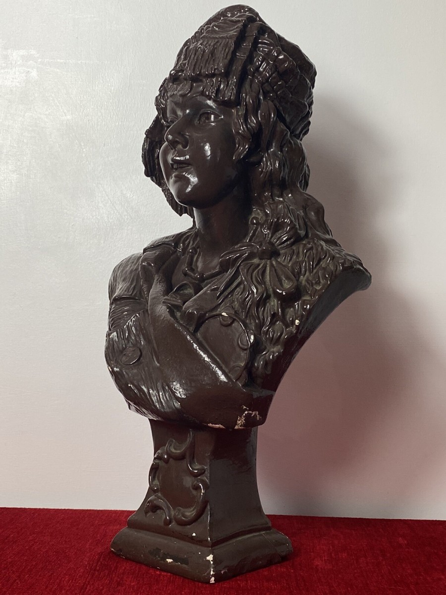 Large French Art Deco Classical Bohemian Gypsy Woman Chalkware Bust