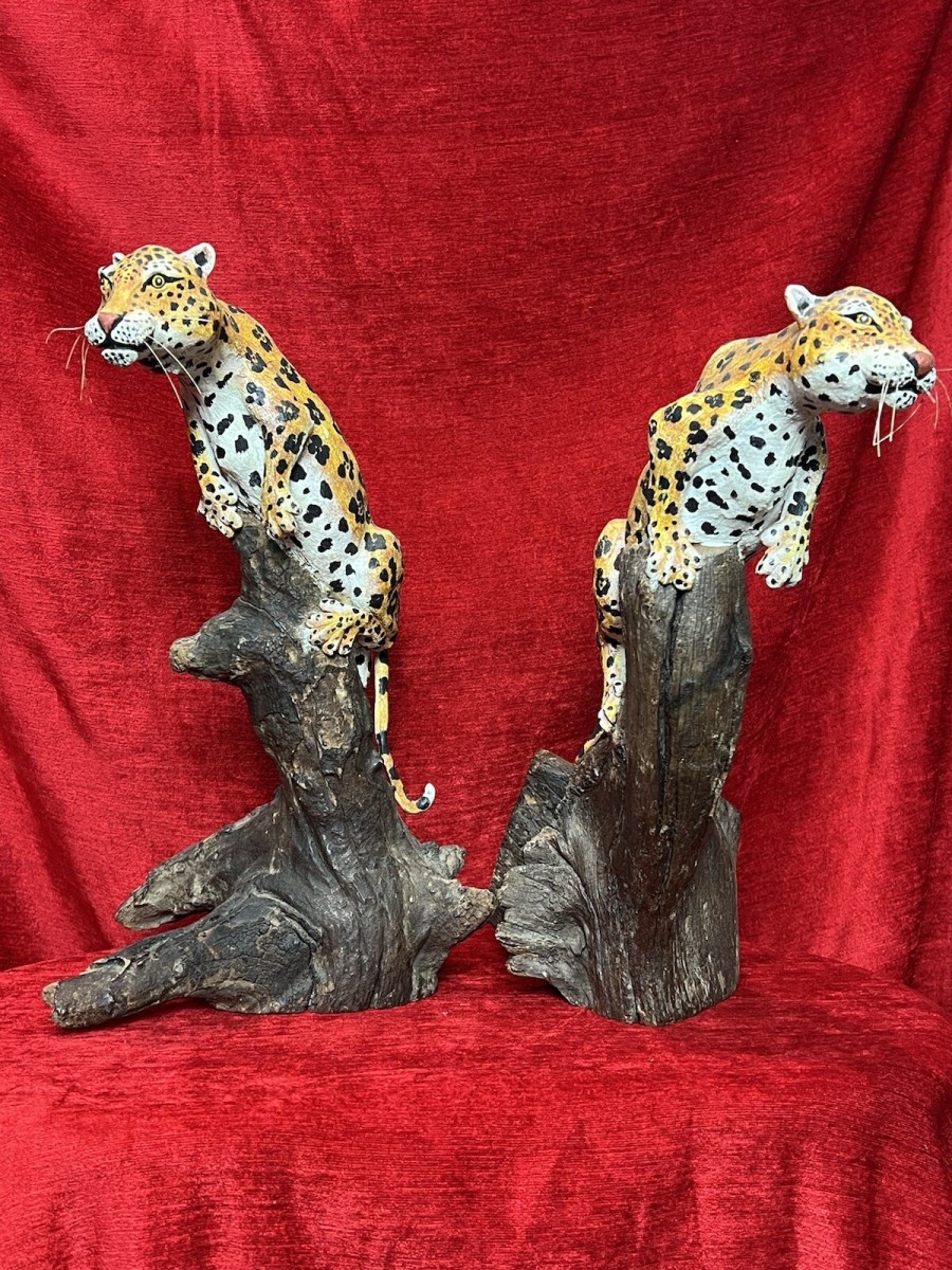 Pair Of 20th Century Decorative Stalking Leopard Driftwood Sculptures