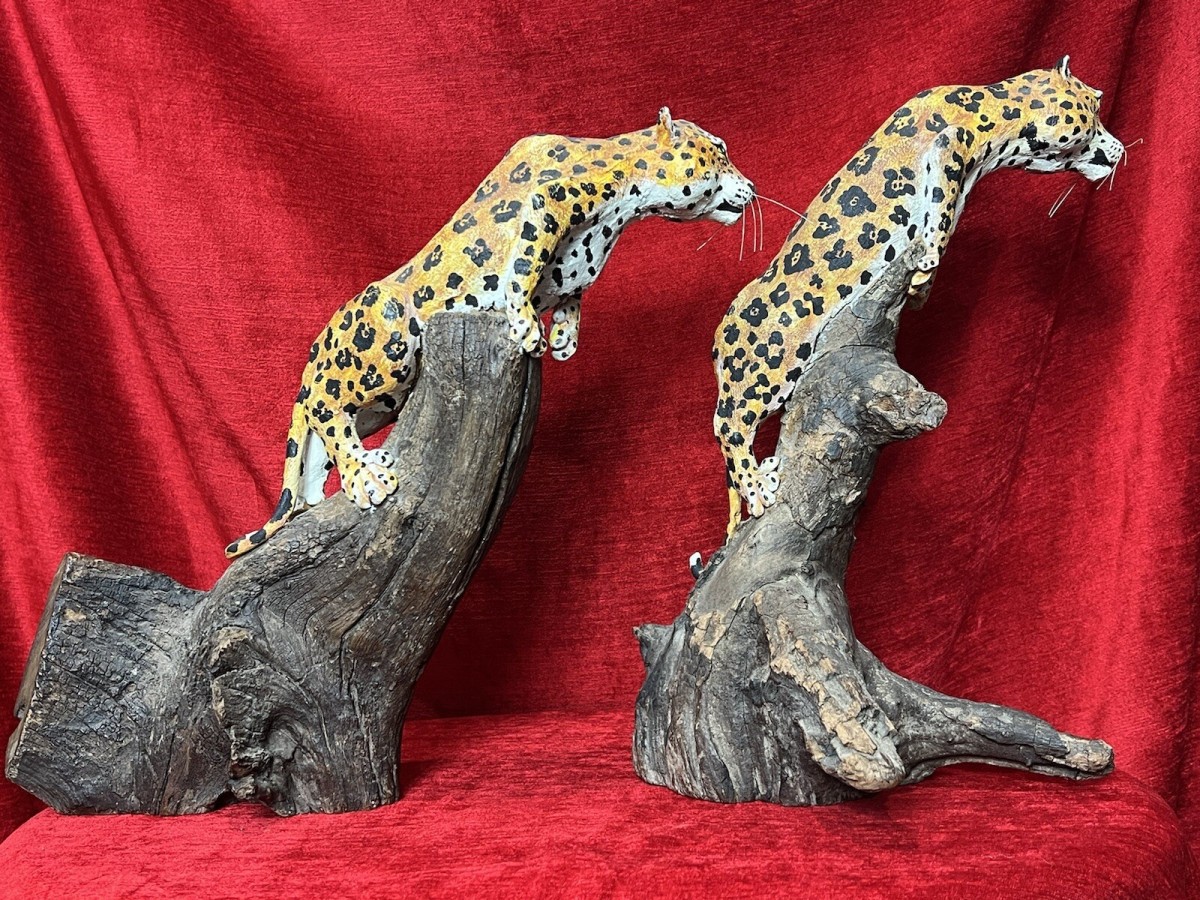 Pair Of 20th Century Decorative Stalking Leopard Driftwood Sculptures