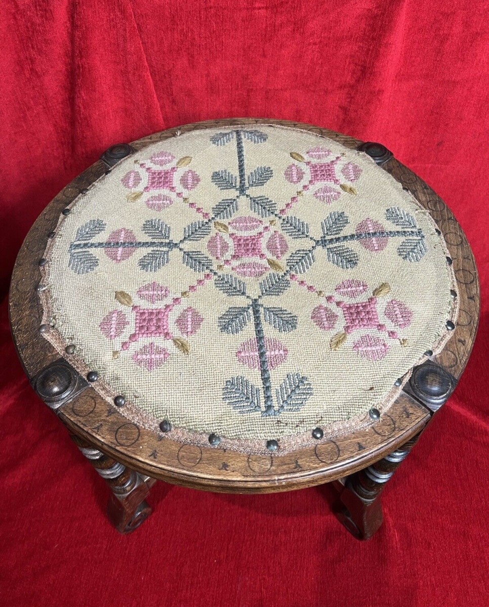 Primary image for William And Mary Style Stool With Turned Stretchers & Needlepoint Seat