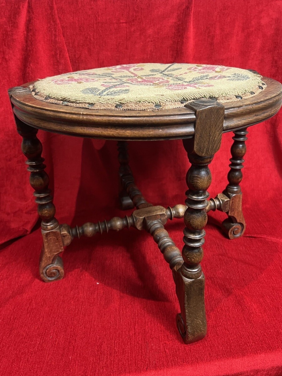 William And Mary Style Stool With Turned Stretchers & Needlepoint Seat