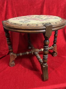 William and Mary Style Stool With Turned Stretchers & Needlepoint Seat Circa - 1910 Composition - Ash Wood Listing Description Fine Country William And Mary Style Footstool With Turned Baluster Spindle Legs And Support Stretchers Set Upon Carved Lyre Feet. Decorative Circular Seat With Needlepoint Tapestry Cover In Floral Pink, Green And Gold Pattern, Set Inside Carved Egg And Dart Boarder. Dimensions In Cms Height 41cm X Width 47cm