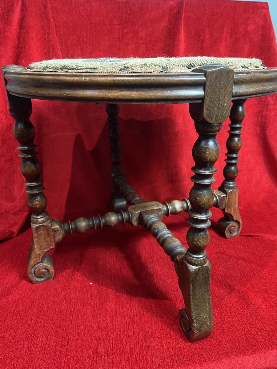 William And Mary Style Stool With Turned Stretchers & Needlepoint Seat