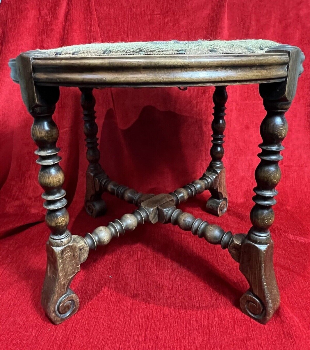 William And Mary Style Stool With Turned Stretchers & Needlepoint Seat