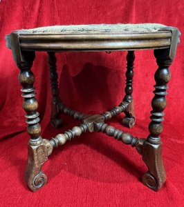 William and Mary Style Stool With Turned Stretchers & Needlepoint Seat Circa - 1910 Composition - Ash Wood Listing Description Fine Country William And Mary Style Footstool With Turned Baluster Spindle Legs And Support Stretchers Set Upon Carved Lyre Feet. Decorative Circular Seat With Needlepoint Tapestry Cover In Floral Pink, Green And Gold Pattern, Set Inside Carved Egg And Dart Boarder. Dimensions In Cms Height 41cm X Width 47cm