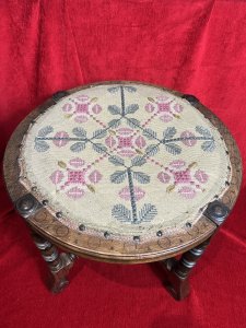 William and Mary Style Stool With Turned Stretchers & Needlepoint Seat Circa - 1910 Composition - Ash Wood Listing Description Fine Country William And Mary Style Footstool With Turned Baluster Spindle Legs And Support Stretchers Set Upon Carved Lyre Feet. Decorative Circular Seat With Needlepoint Tapestry Cover In Floral Pink, Green And Gold Pattern, Set Inside Carved Egg And Dart Boarder. Dimensions In Cms Height 41cm X Width 47cm