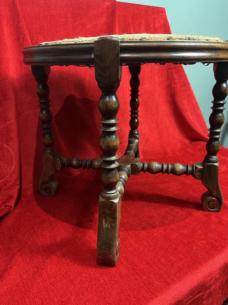 William And Mary Style Stool With Turned Stretchers & Needlepoint Seat