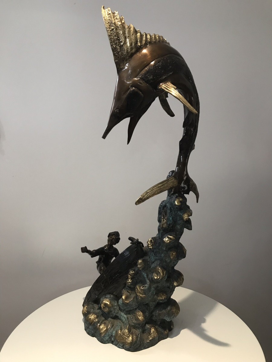 Vintage 20th Century Quality Bronze Statue Merlin Fish & Fishing Boat Capsized