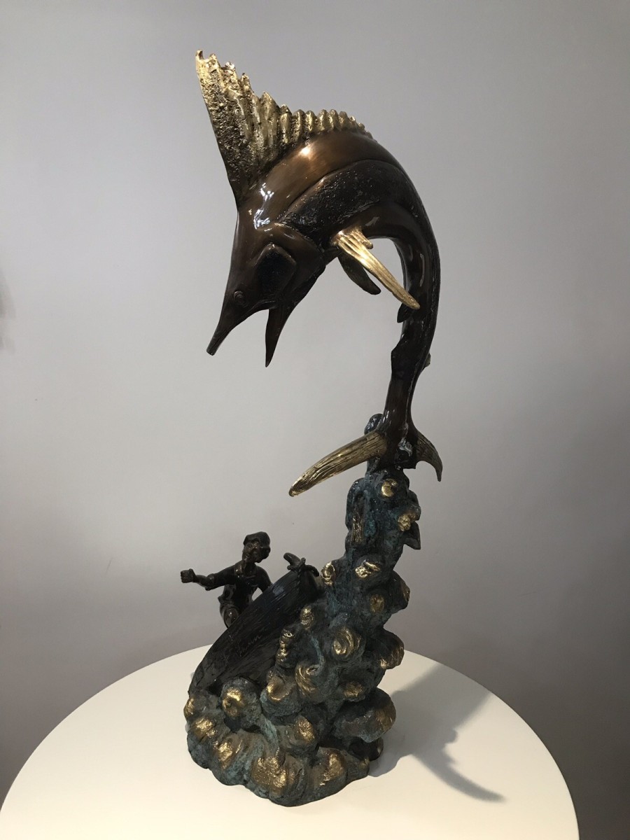 Vintage 20th Century Quality Bronze Statue Merlin Fish & Fishing Boat Capsized