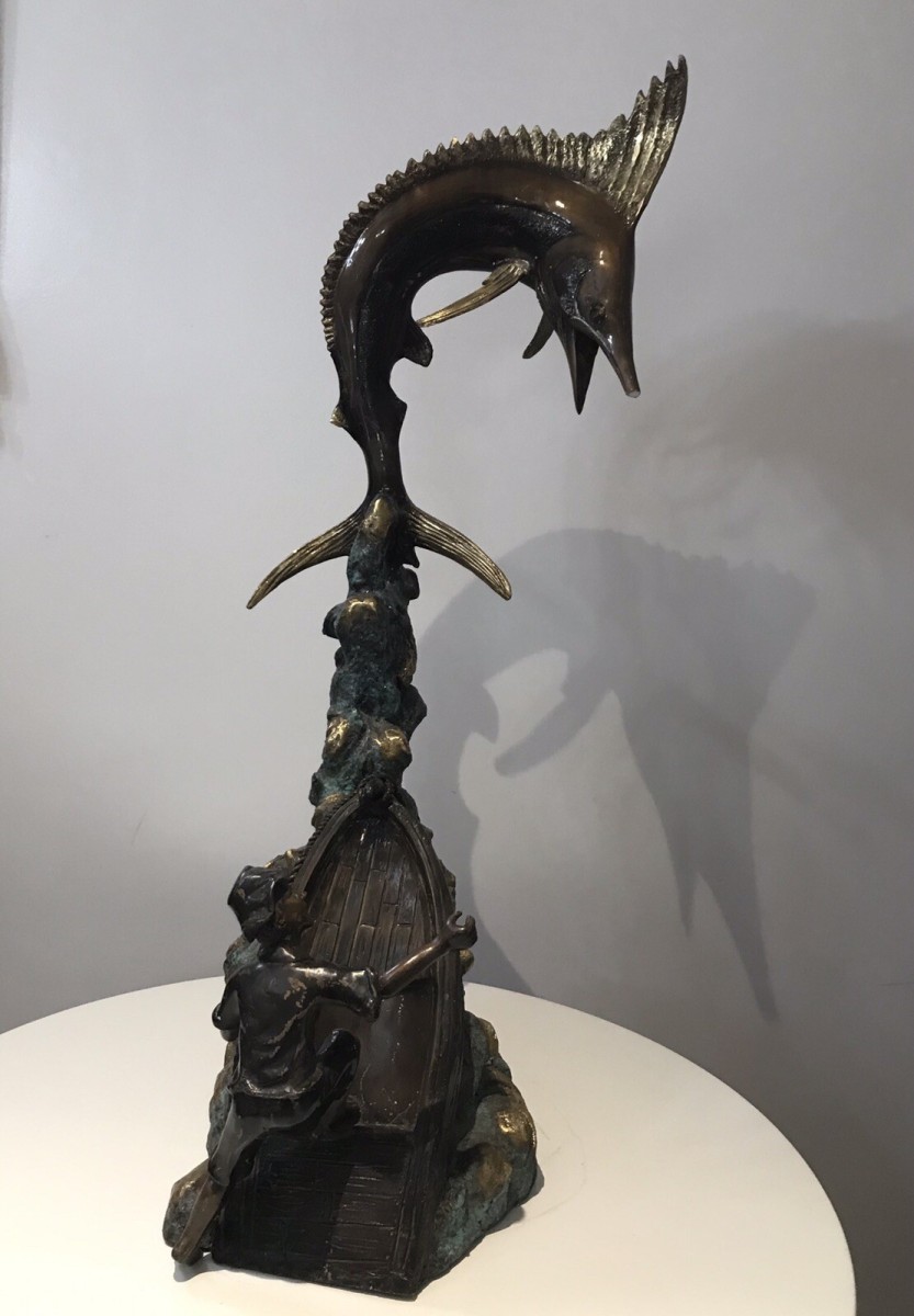 Vintage 20th Century Quality Bronze Statue Merlin Fish & Fishing Boat Capsized