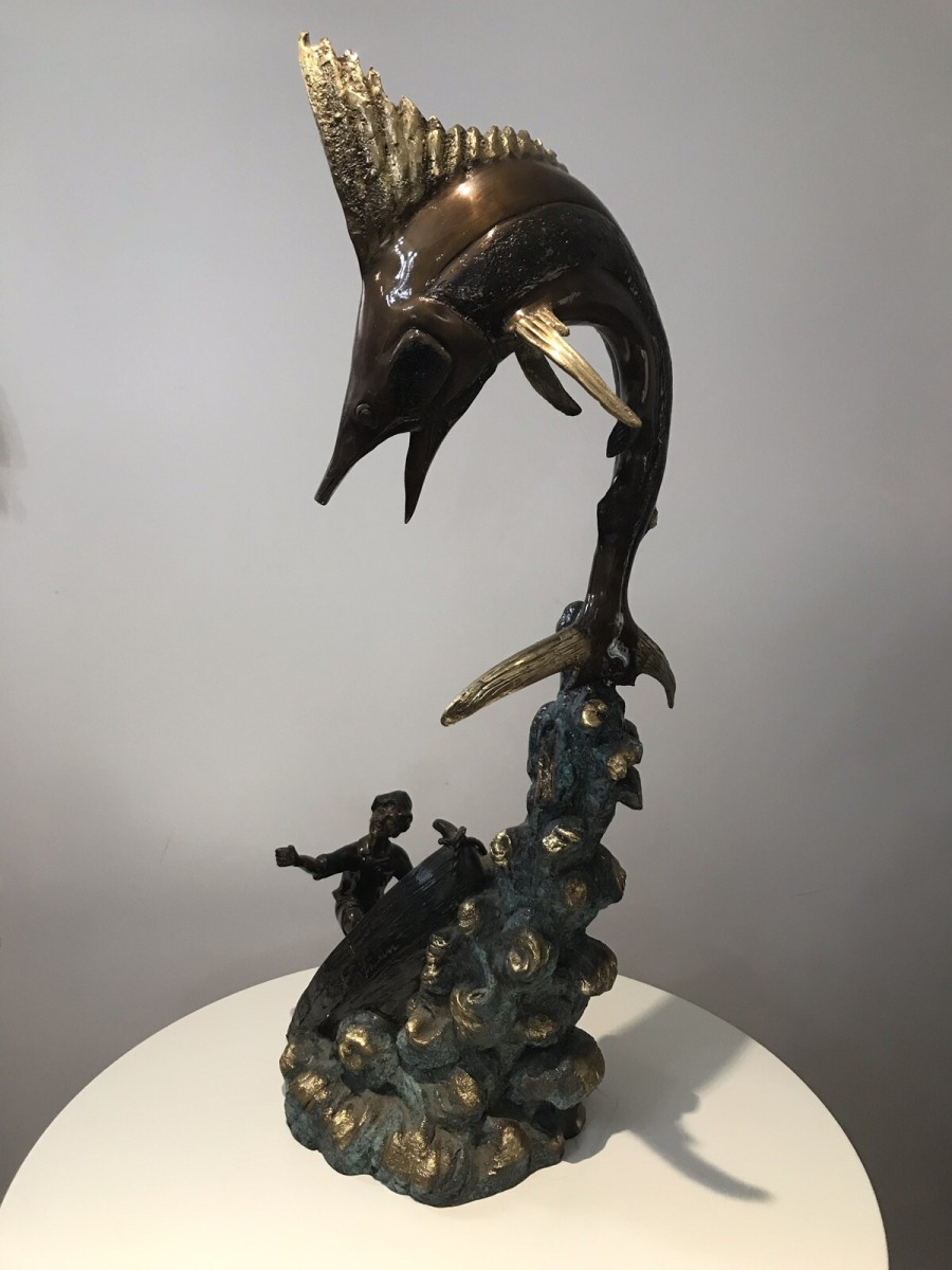 Vintage 20th Century Quality Bronze Statue Merlin Fish & Fishing Boat Capsized