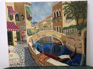 Contemporary Artwork Venician Villas With Gondolas Oil On Canvas By Paul Evans Exciting Painting With Brightly Coloured Villas And Waterway With Tethered Gondolas. Sign Points To San Marco Square Interesting Subject Painted In Great Detail Signed By Artist Paul Evans From Tipton West Midlands Unframed Dimensions In Inches Height 20” Width 23.5”