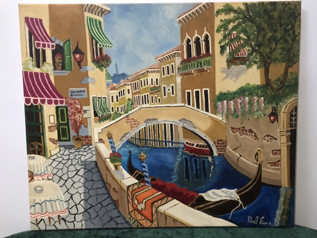 Contemporary Artwork Venician Villas With Gondolas Oil On Canvas By Paul Evans