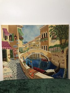 Contemporary Artwork Venician Villas With Gondolas Oil On Canvas By Paul Evans Exciting Painting With Brightly Coloured Villas And Waterway With Tethered Gondolas. Sign Points To San Marco Square Interesting Subject Painted In Great Detail Signed By Artist Paul Evans From Tipton West Midlands Unframed Dimensions In Inches Height 20” Width 23.5”