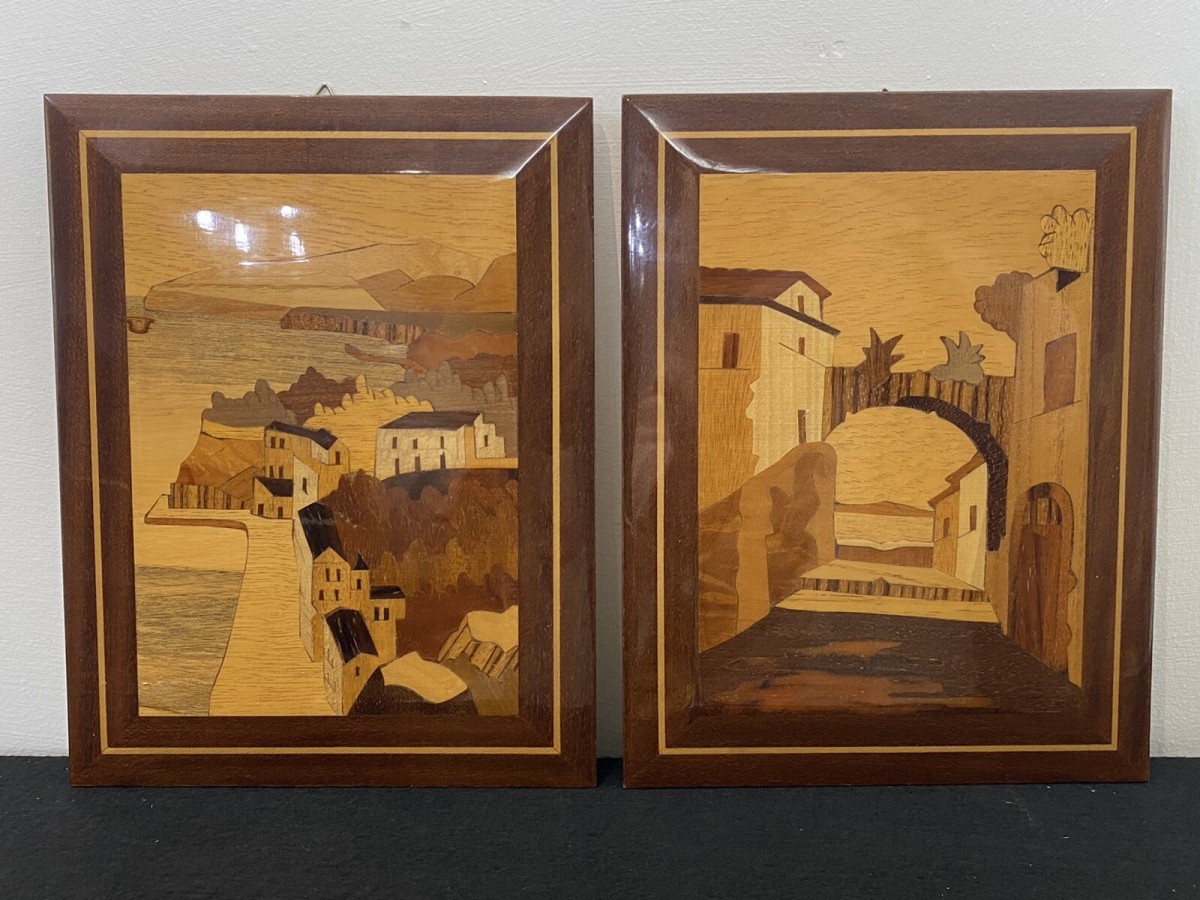 Primary image for Pair Of Italian Landscapes Fruitwood Inlaid Sorrento Plaques