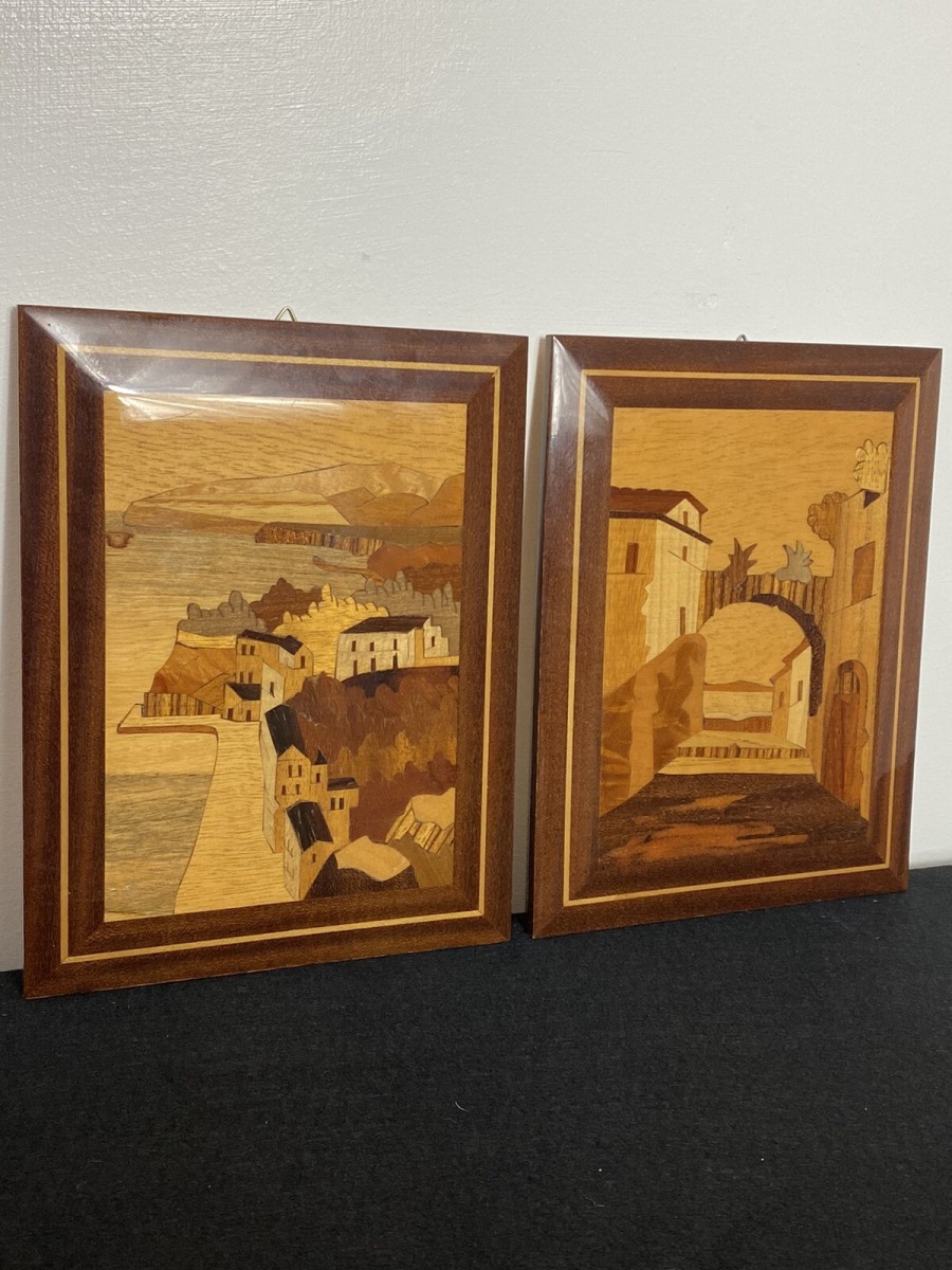 Pair Of Italian Landscapes Fruitwood Inlaid Sorrento Plaques